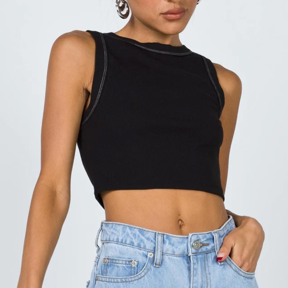 Princess Polly Neisha Top Black with White Stiches